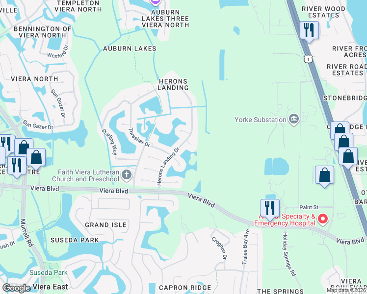 map of restaurants, bars, coffee shops, grocery stores, and more near 5740 Herons Landing Drive in Rockledge