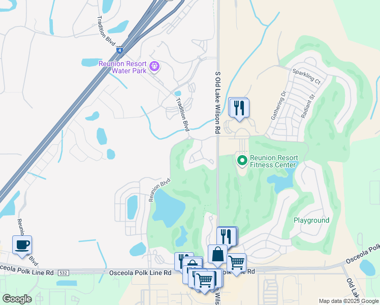 map of restaurants, bars, coffee shops, grocery stores, and more near 1354 Centre Court Ridge Drive in Kissimmee