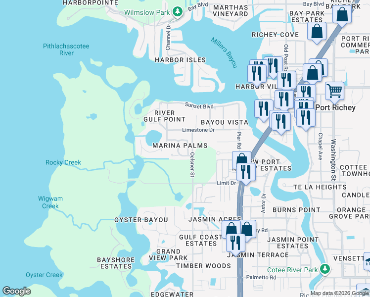 map of restaurants, bars, coffee shops, grocery stores, and more near 7705 Sailwinds Pass in Port Richey