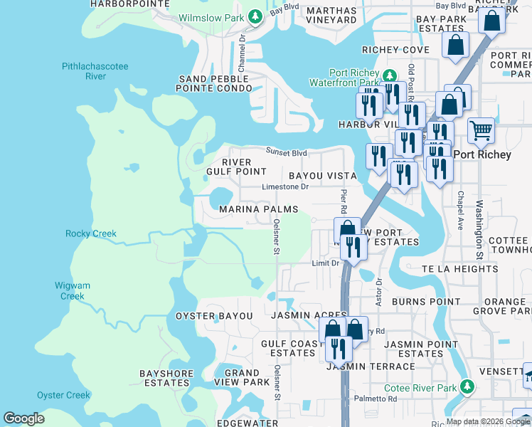 map of restaurants, bars, coffee shops, grocery stores, and more near 7641 Sailwinds Pass in Port Richey