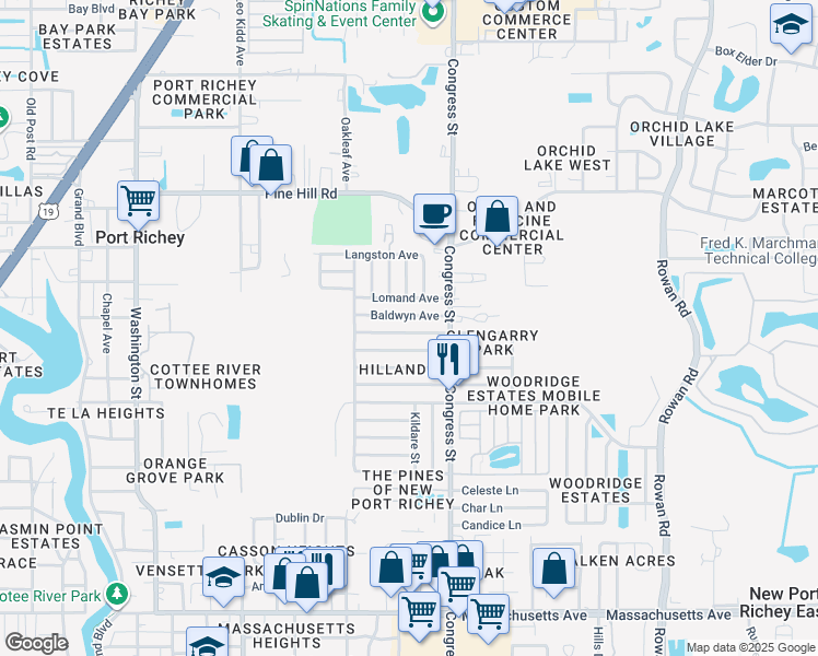 map of restaurants, bars, coffee shops, grocery stores, and more near 6405 Sutherland Avenue in New Port Richey