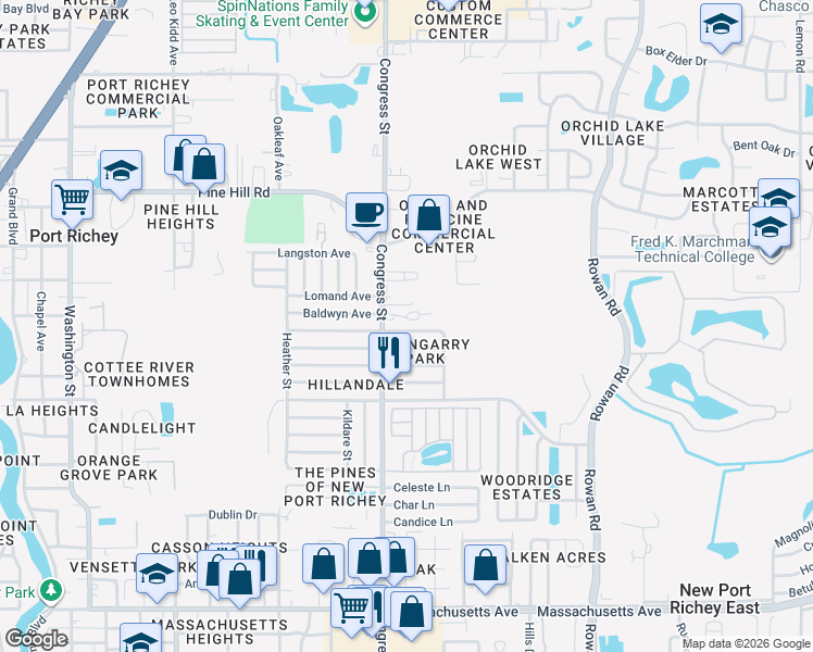 map of restaurants, bars, coffee shops, grocery stores, and more near 7704 Congress Street in New Port Richey