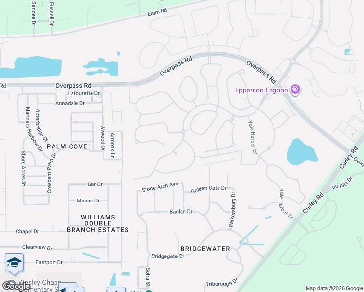 map of restaurants, bars, coffee shops, grocery stores, and more near 31356 Palm Song Place in Wesley Chapel