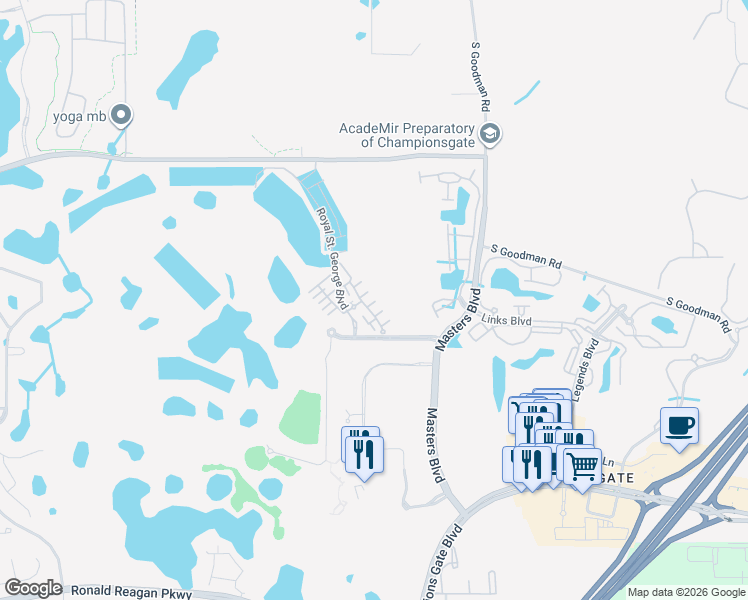 map of restaurants, bars, coffee shops, grocery stores, and more near 1323 Shinnecock Hills Drive in Davenport