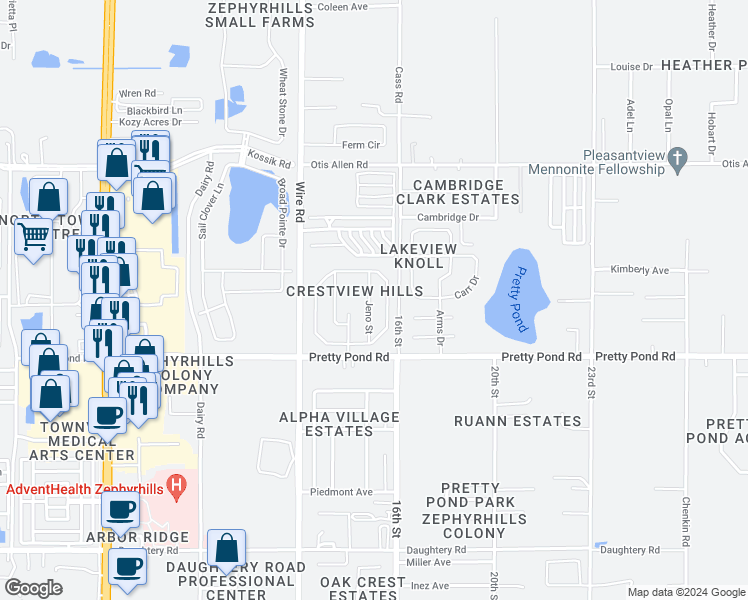 map of restaurants, bars, coffee shops, grocery stores, and more near 7624 Jeno Street in Zephyrhills