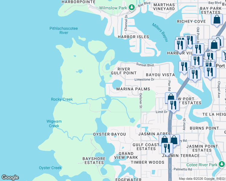 map of restaurants, bars, coffee shops, grocery stores, and more near 7637 Deedra Circle in Port Richey