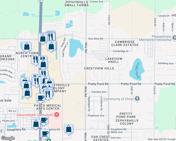 map of restaurants, bars, coffee shops, grocery stores, and more near 7638 Merchantville Circle in Zephyrhills