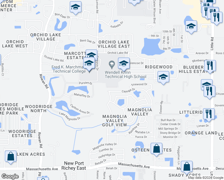 map of restaurants, bars, coffee shops, grocery stores, and more near 7617 Cayuga Drive in New Port Richey