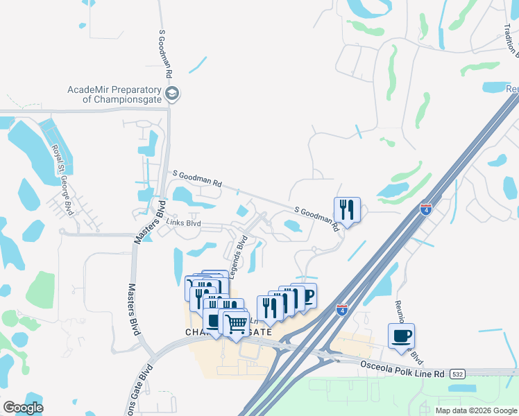 map of restaurants, bars, coffee shops, grocery stores, and more near 1313 Gilford Point Lane in Davenport