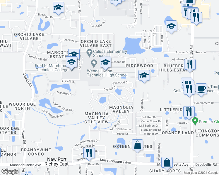 map of restaurants, bars, coffee shops, grocery stores, and more near 7737 Cayuga Drive in New Port Richey