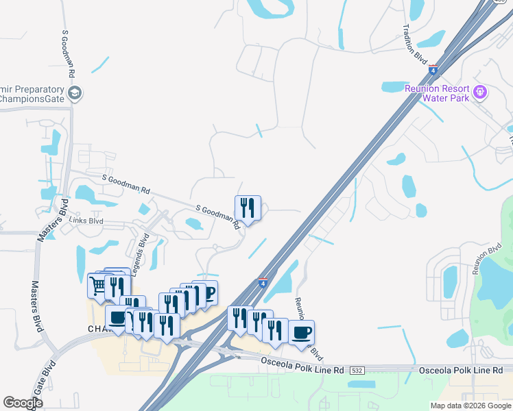 map of restaurants, bars, coffee shops, grocery stores, and more near 1361 Tuscana Lane in Davenport