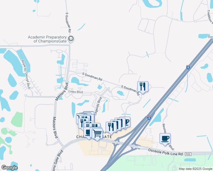 map of restaurants, bars, coffee shops, grocery stores, and more near 1313 Gilford Point Lane in Davenport