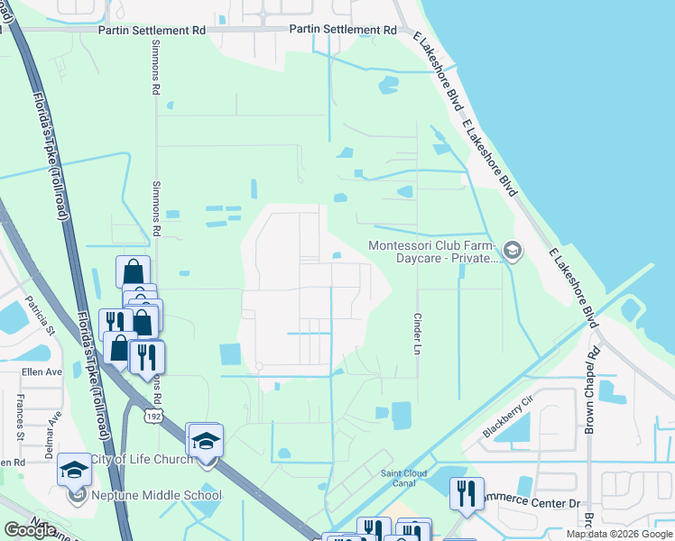 map of restaurants, bars, coffee shops, grocery stores, and more near 3007 Sharp Road in Kissimmee