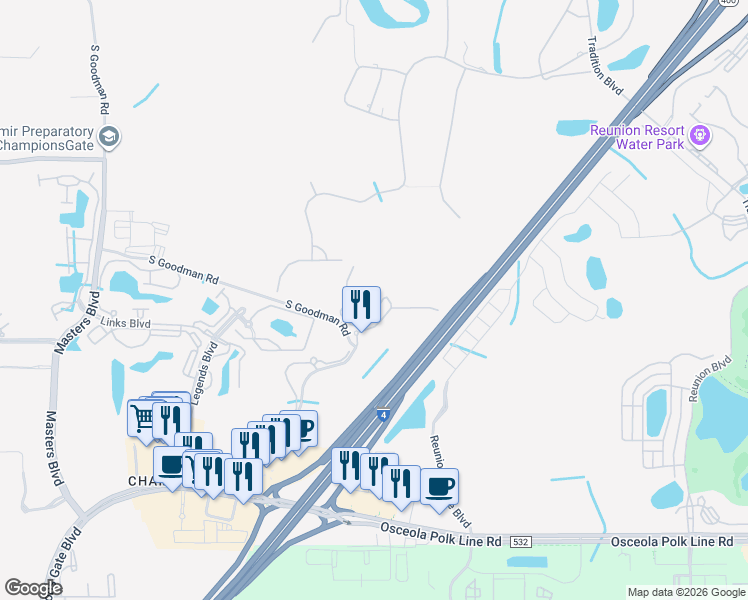 map of restaurants, bars, coffee shops, grocery stores, and more near 1361 Tuscana Lane in Davenport
