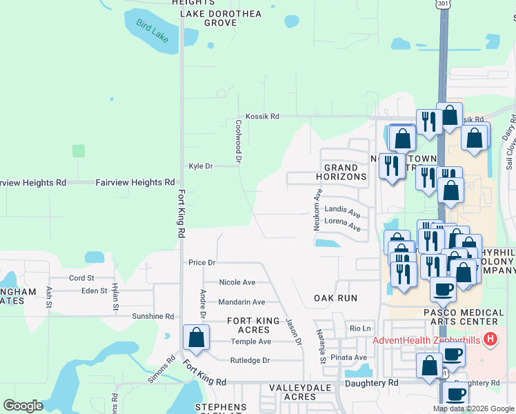 map of restaurants, bars, coffee shops, grocery stores, and more near 37247 Northside Drive in Zephyrhills