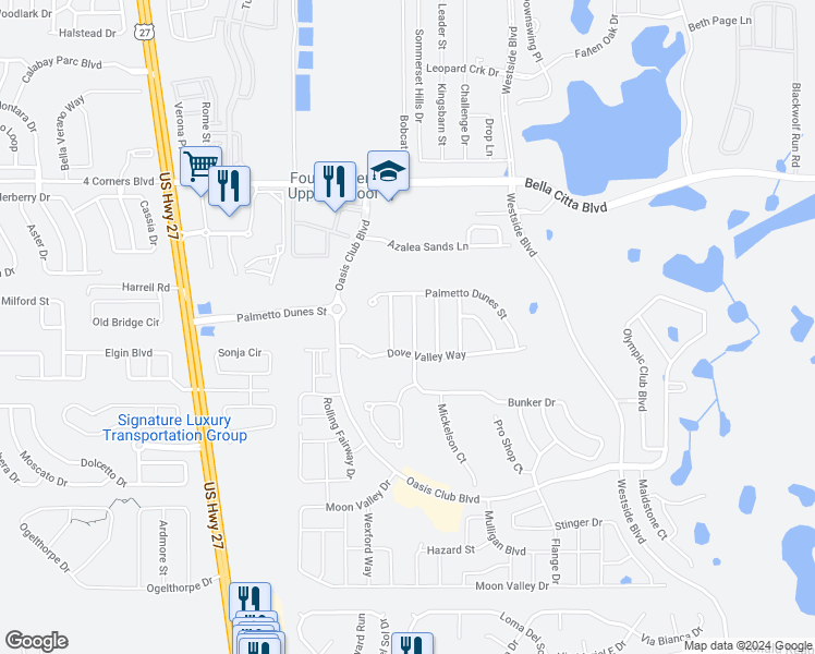 map of restaurants, bars, coffee shops, grocery stores, and more near 1312 Gleneagles Lane in Davenport