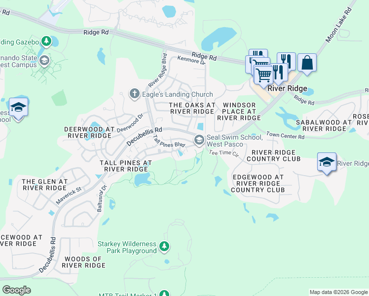 map of restaurants, bars, coffee shops, grocery stores, and more near 10932 Brookhaven Drive in New Port Richey