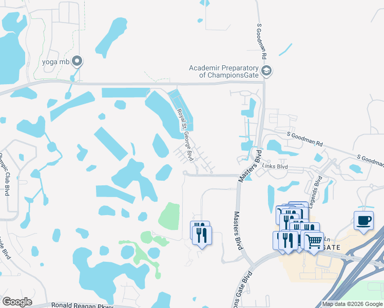 map of restaurants, bars, coffee shops, grocery stores, and more near 1323 Shinnecock Hills Drive in Davenport