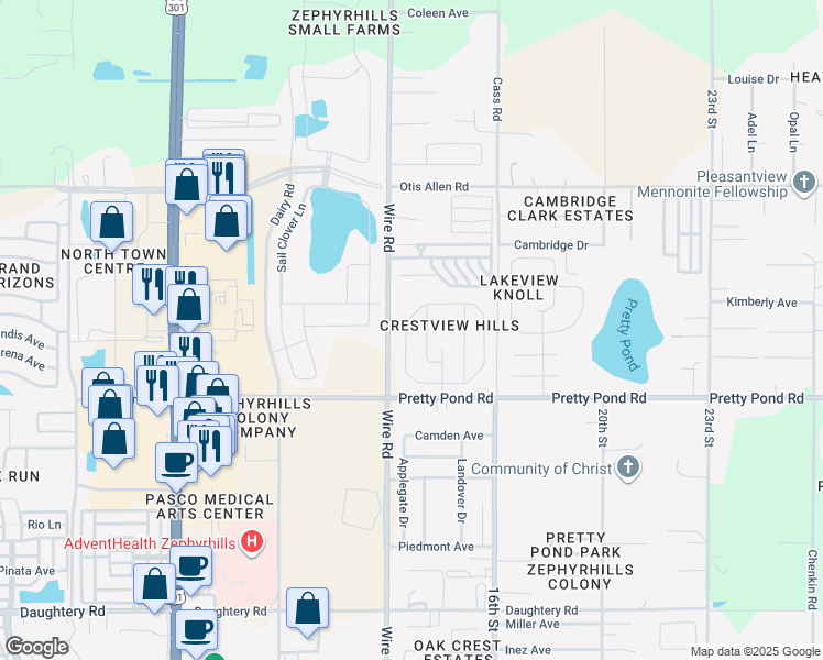 map of restaurants, bars, coffee shops, grocery stores, and more near 7638 Merchantville Circle in Zephyrhills