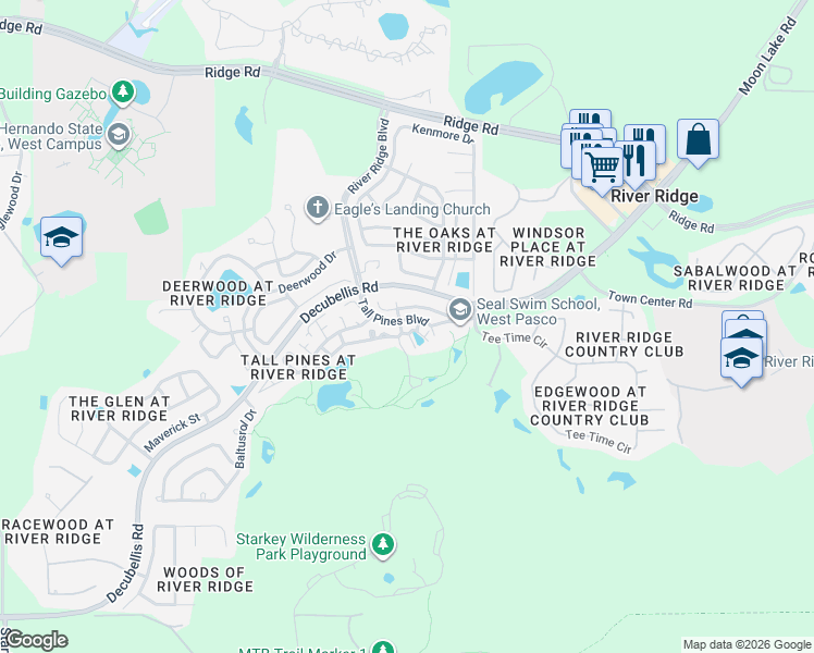 map of restaurants, bars, coffee shops, grocery stores, and more near 7631 Piping Rock Court in New Port Richey