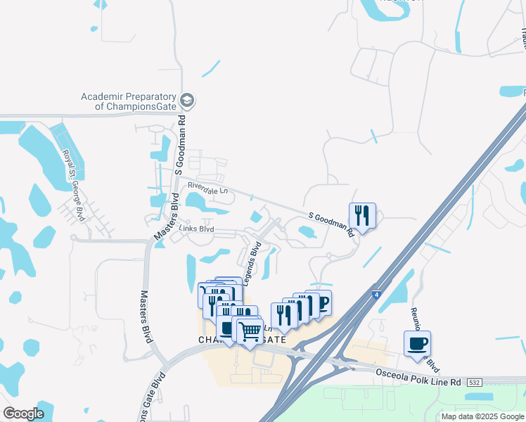 map of restaurants, bars, coffee shops, grocery stores, and more near 1312 Gilford Point Lane in Four Corners