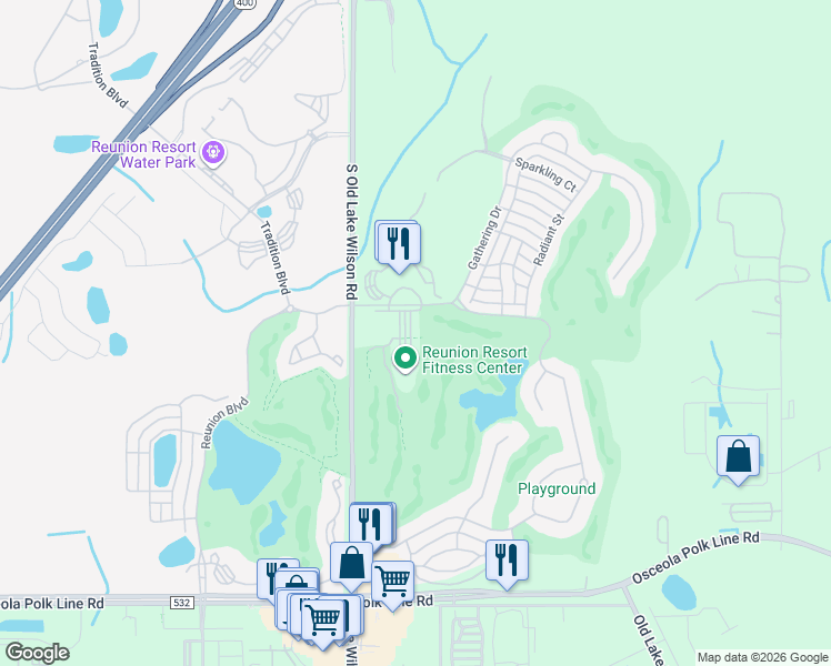 map of restaurants, bars, coffee shops, grocery stores, and more near 1307 Seven Eagles Court in Osceola County