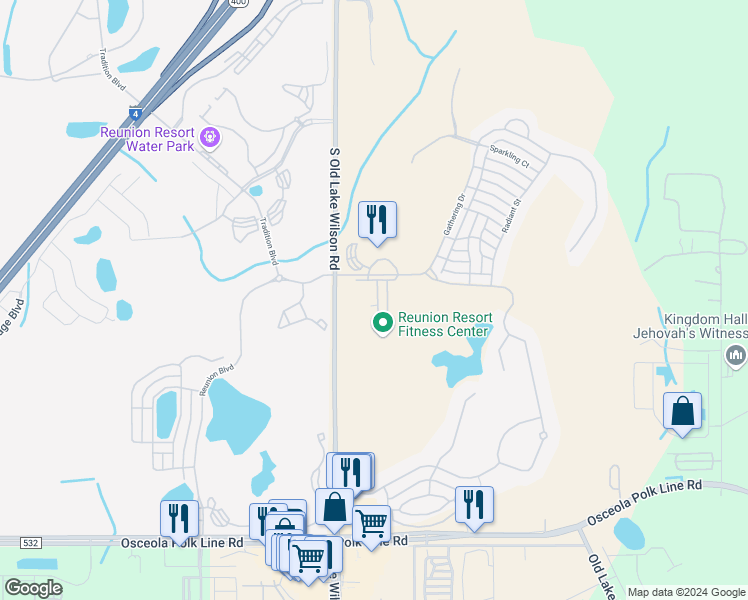 map of restaurants, bars, coffee shops, grocery stores, and more near 7510 Seven Eagles Way in Osceola County