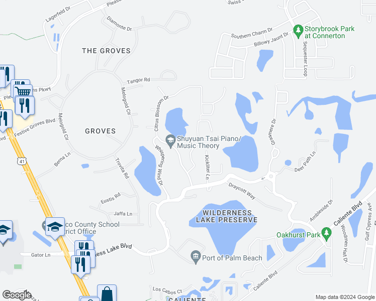 map of restaurants, bars, coffee shops, grocery stores, and more near 7627 Blue Spring Drive in Land O' Lakes