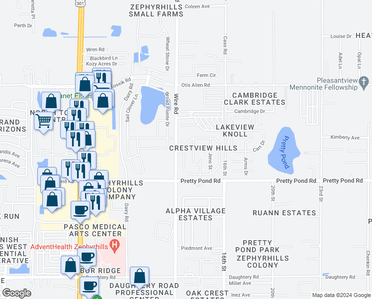 map of restaurants, bars, coffee shops, grocery stores, and more near 7632 Merchantville Circle in Zephyrhills