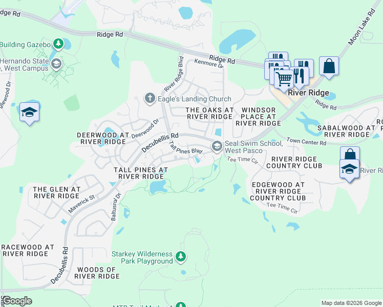 map of restaurants, bars, coffee shops, grocery stores, and more near 7631 Piping Rock Court in New Port Richey