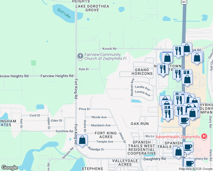 map of restaurants, bars, coffee shops, grocery stores, and more near 37247 Northside Drive in Zephyrhills