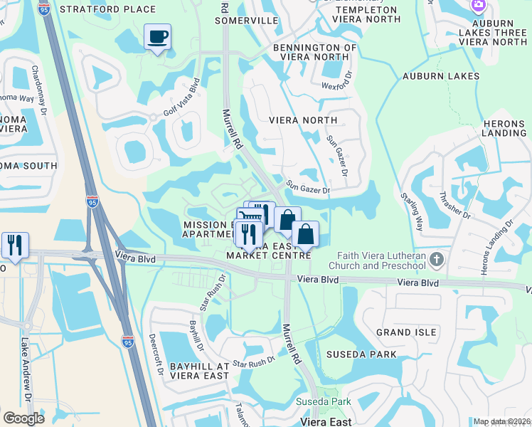map of restaurants, bars, coffee shops, grocery stores, and more near 1782 Mission Bay Circle in Rockledge