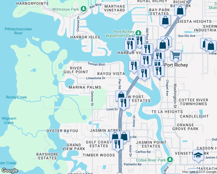 map of restaurants, bars, coffee shops, grocery stores, and more near 5118 Mallett Drive in Port Richey
