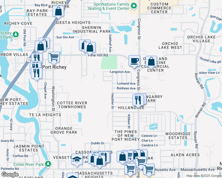 map of restaurants, bars, coffee shops, grocery stores, and more near 7653 Heather Street in New Port Richey