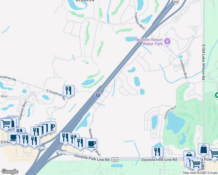 map of restaurants, bars, coffee shops, grocery stores, and more near Florida 400 in Kissimmee