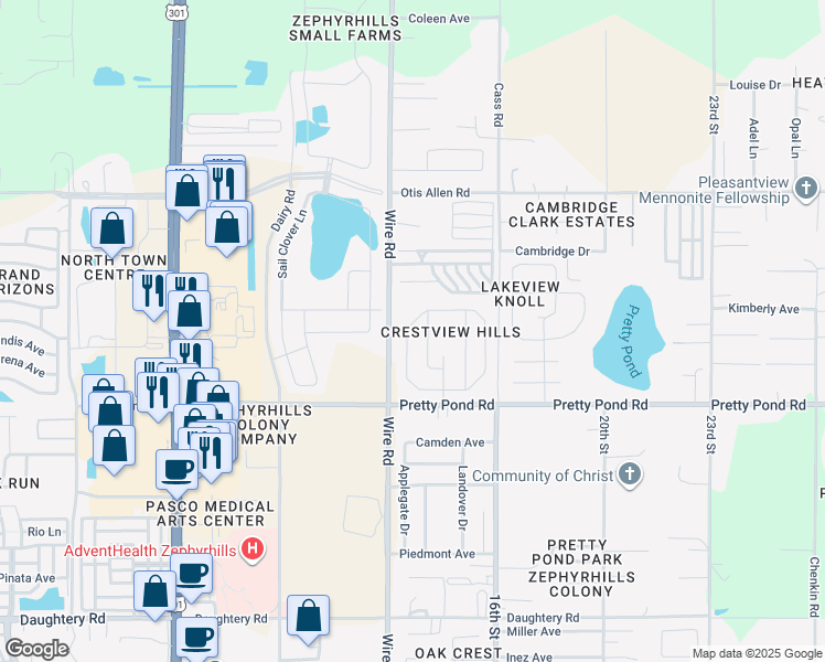 map of restaurants, bars, coffee shops, grocery stores, and more near 7638 Merchantville Circle in Zephyrhills