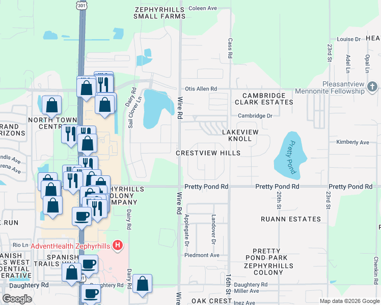 map of restaurants, bars, coffee shops, grocery stores, and more near 7638 Merchantville Circle in Zephyrhills