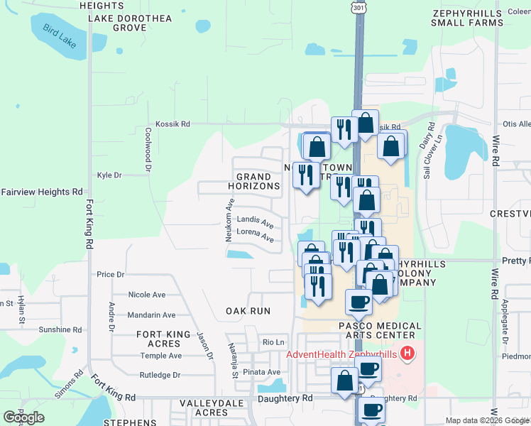 map of restaurants, bars, coffee shops, grocery stores, and more near 37616 New Horizons Boulevard in Zephyrhills