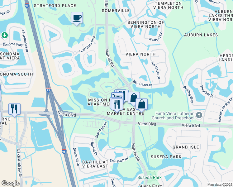 map of restaurants, bars, coffee shops, grocery stores, and more near 1703 Mission Bay Circle in Rockledge