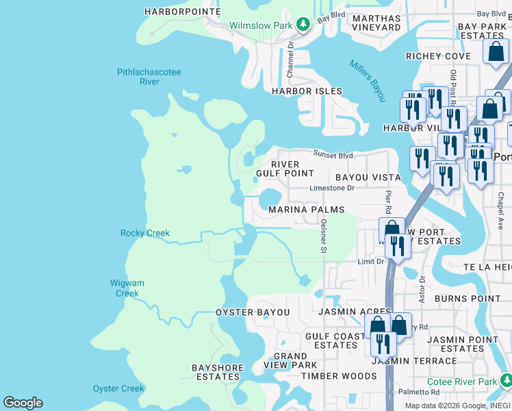 map of restaurants, bars, coffee shops, grocery stores, and more near 7637 Deedra Circle in Port Richey