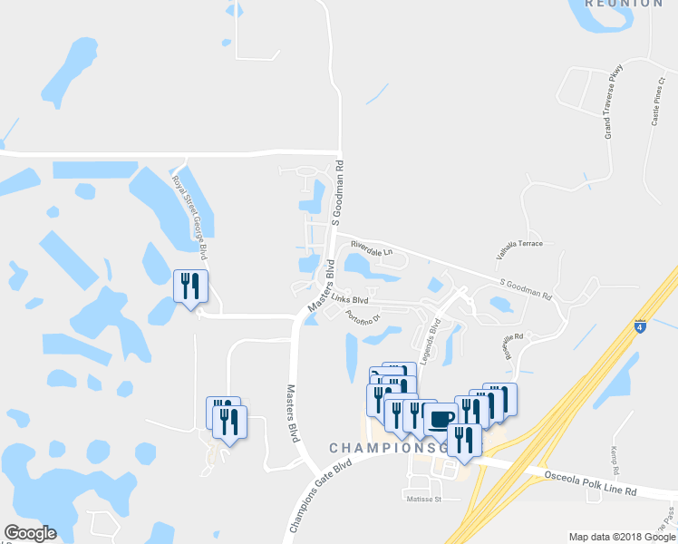 map of restaurants, bars, coffee shops, grocery stores, and more near 8407 Riverdale Lane in Four Corners