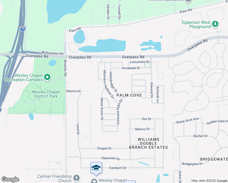 map of restaurants, bars, coffee shops, grocery stores, and more near 7653 Outerbridge Street in Wesley Chapel