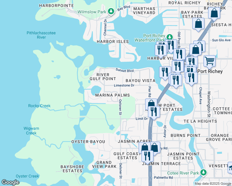 map of restaurants, bars, coffee shops, grocery stores, and more near 7705 Sailwinds Pass in Port Richey