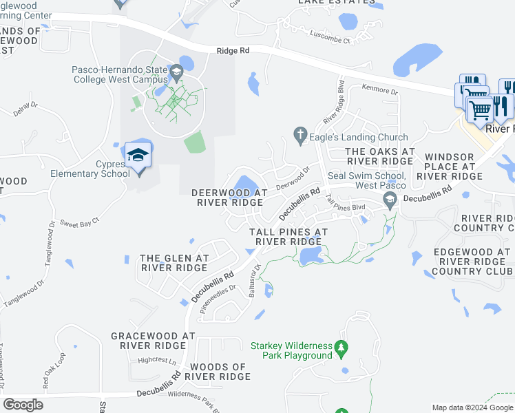 map of restaurants, bars, coffee shops, grocery stores, and more near 7705 Roycroft Drive in New Port Richey