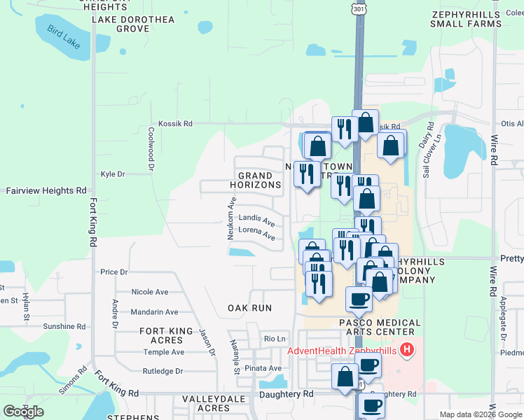 map of restaurants, bars, coffee shops, grocery stores, and more near 37616 New Horizons Blvd in Zephyrhills