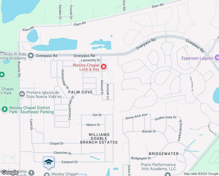 map of restaurants, bars, coffee shops, grocery stores, and more near 7652 Armonk Lane in Wesley Chapel