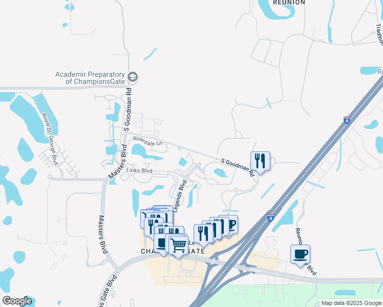 map of restaurants, bars, coffee shops, grocery stores, and more near 1313 Gilford Point Lane in Davenport
