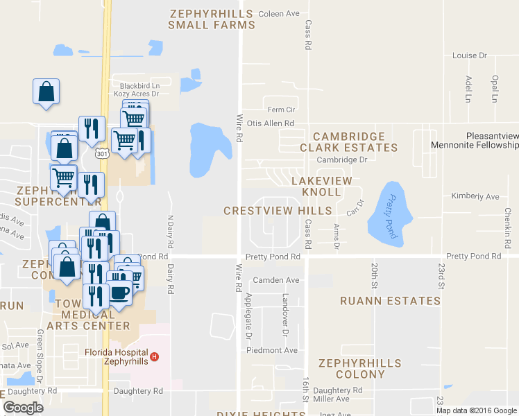 map of restaurants, bars, coffee shops, grocery stores, and more near 7643 Weehawken Drive in Zephyrhills