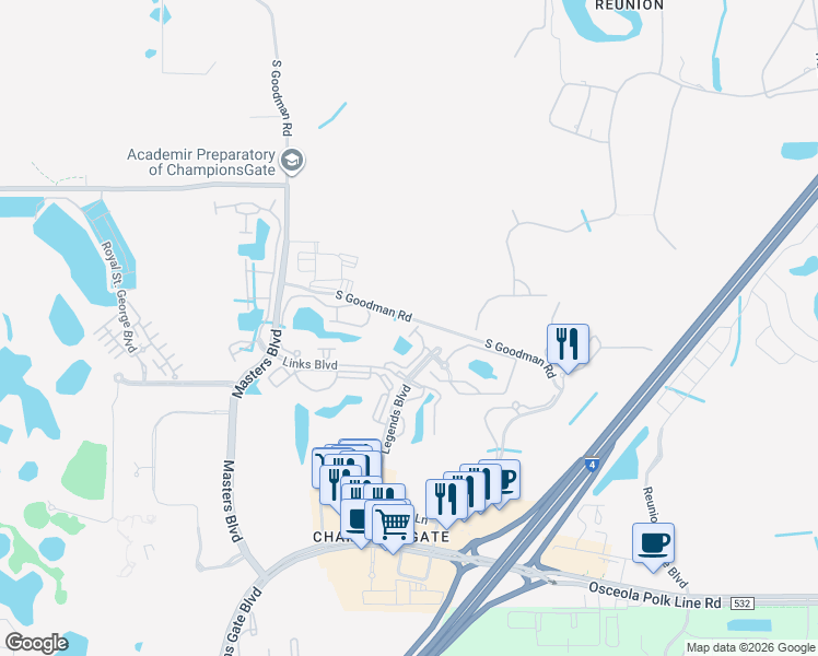 map of restaurants, bars, coffee shops, grocery stores, and more near 1313 Gilford Point Lane in Davenport