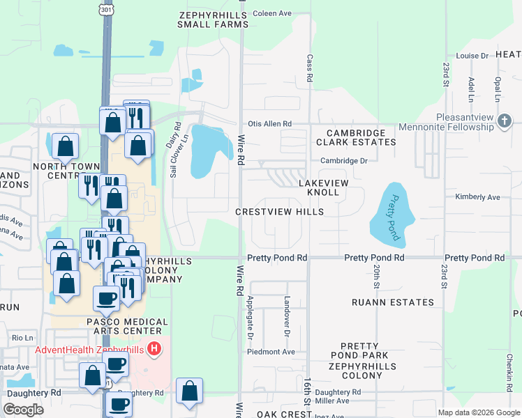 map of restaurants, bars, coffee shops, grocery stores, and more near 7643 Weehawken Drive in Zephyrhills